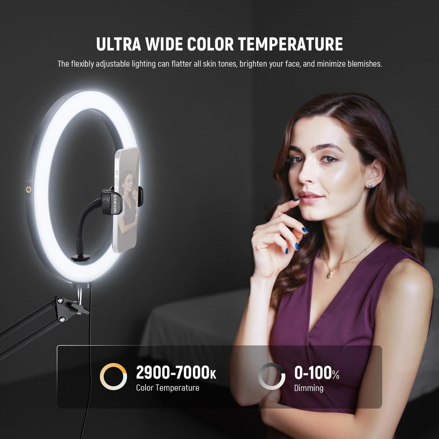 NEEWER 12" 24W High Power LED Ring Light Compatible with iPhone, 60" Overhead Folding Light Stand/Phone Holder Mount for Video Recording Selfie Makeup Streaming, 2900-7000K USB C PD Input CRI97+, RH12