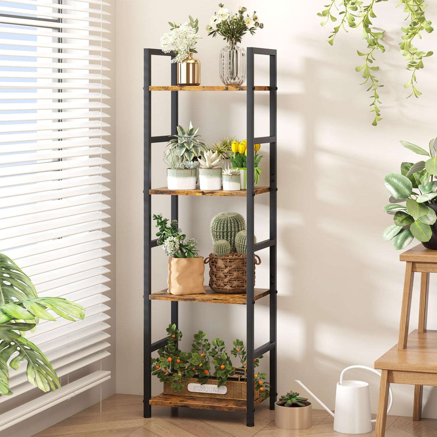Katrawu 4 Tier Bookshelf, Small Book Shelf Industrial Bookcase, Metal Narrow Book Case Book Storage Organizer,Bookshelves for Bedroom Office Living Room(4 Tier,Rustic Brown)