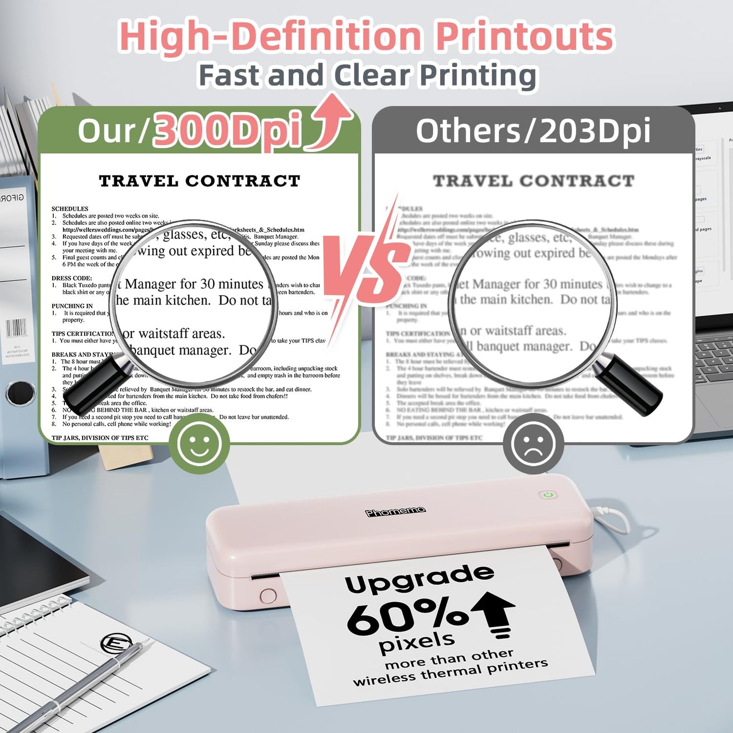 Phomemo M834 Portable Printer Wireless for Travel, Support Multi-Size Thermal Paper,Bluetooth Thermal Printer Compatible with Phone&Laptops,Inkless Printer for Home Use,Office,Pink
