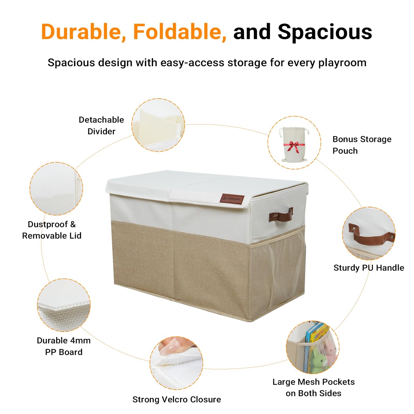 LIWEGHT Large Toy Storage Box with Lid Collapsible Sturdy Baby Toy Storage Rganizer Chest Bins with Divider for Kids,Nursery,Bedroom,Boys, Girls,Playroom,25"x13"x16" (Beige&White)