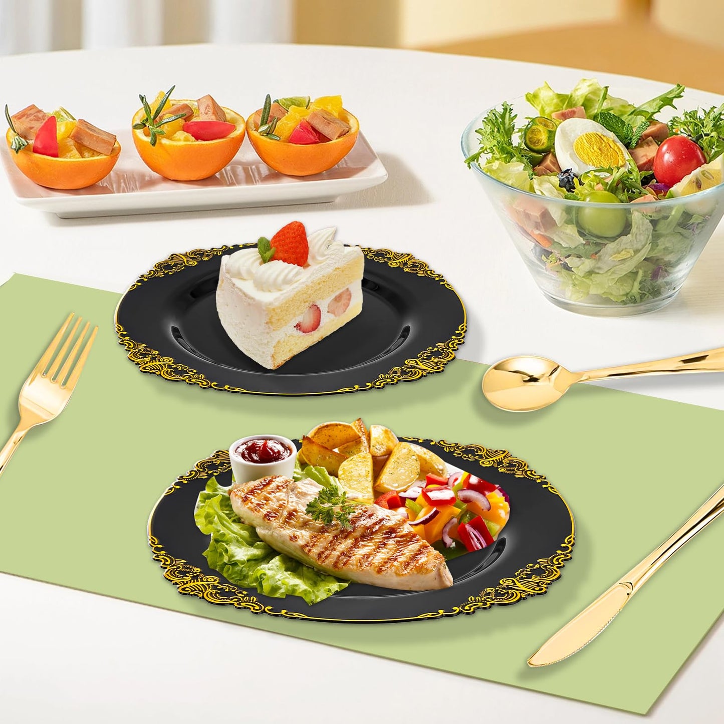 211 Piece Plastic Plates with Gold Trim, Fancy Disposable Dinnerware Set Include Dinner Plates, Dessert Plates, Cups, Napkins, Silverware and Tablecloth for Party Wedding Halloween, 30 Guests