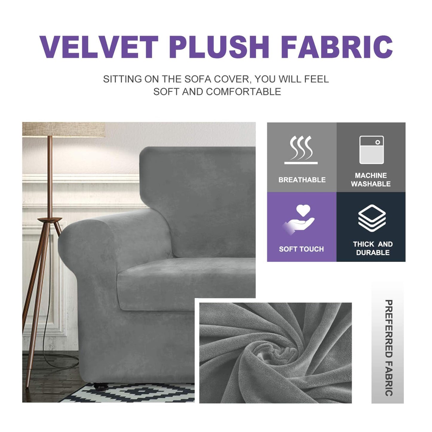 ZNSAYOTX Luxury Velvet Couch Cover 4 Piece Stretch Sofa Covers for 3 Cushion Couch Thick Soft Spandex Sofa Slipcover Living Room Anti Slip Dogs Pet Furnitre Protector (Grey, Sofa)
