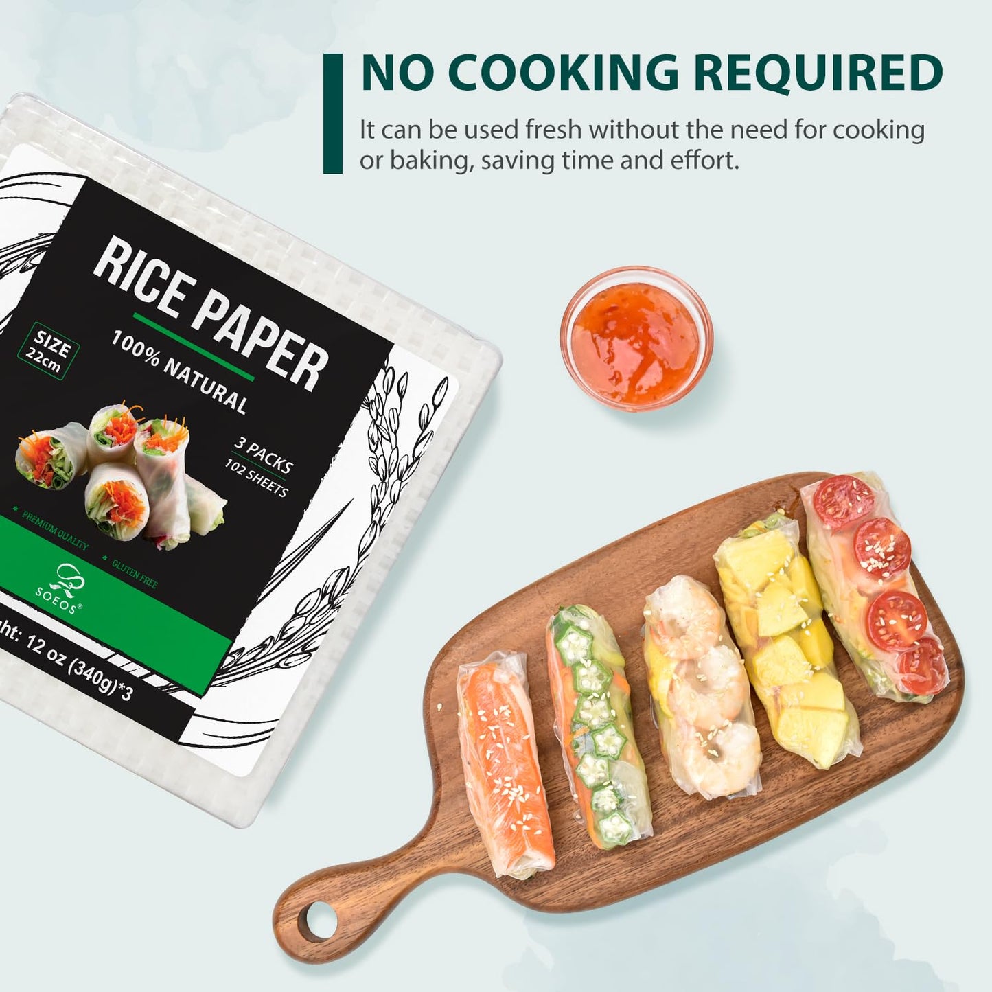 Soeos Rice Paper, White Rice Paper Wrappers, 3 Pack, 102 Sheets-Fresh Spring Roll Wrappers & Dumplings, Non-GMO, Gluten-Free, Low Carb, Vietnamese Rice Wraps (Square, 22cm)