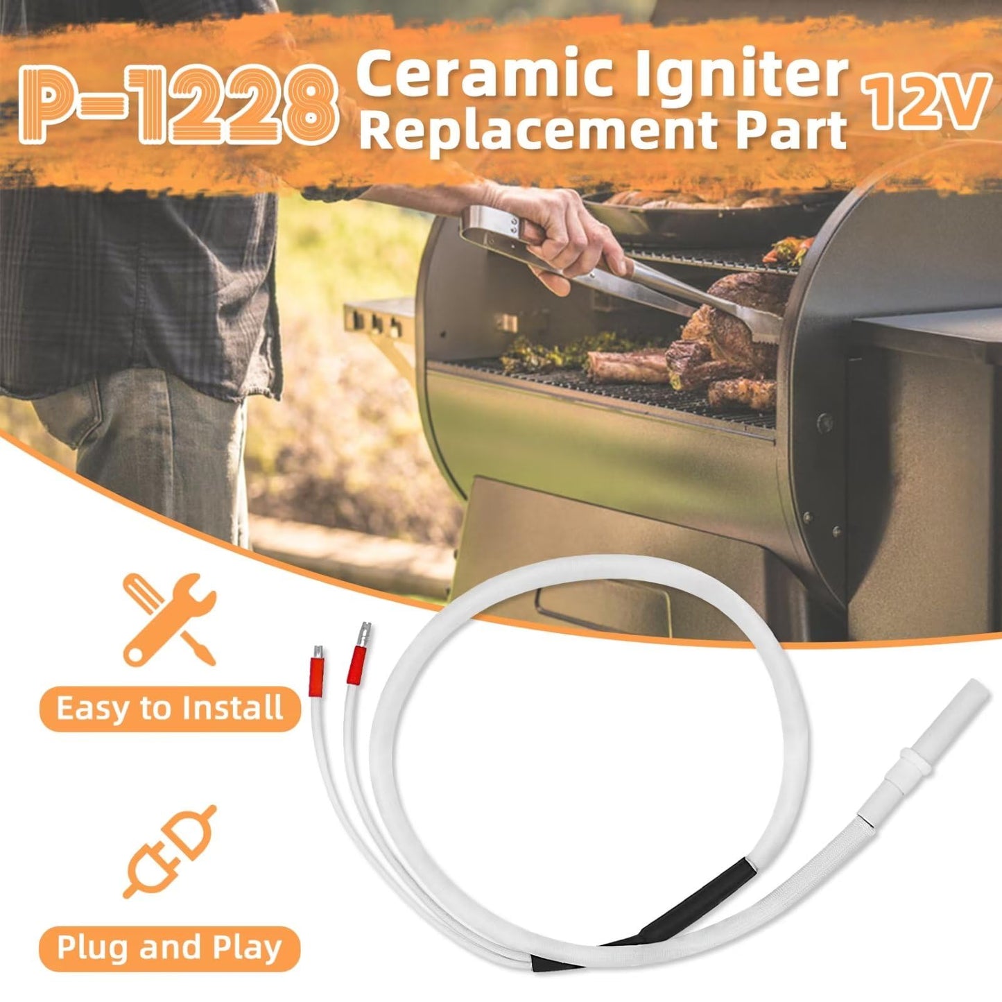 12V Ceramic Igniter Compatible with Green Mountain GMG 12V Jim Bowie Prime and Daniel Boone Prime, Ledge, Peak Pellet Grills, P-1228 Igniter Replacement Parts Replace: P-1217, P-1271, P12V-1028