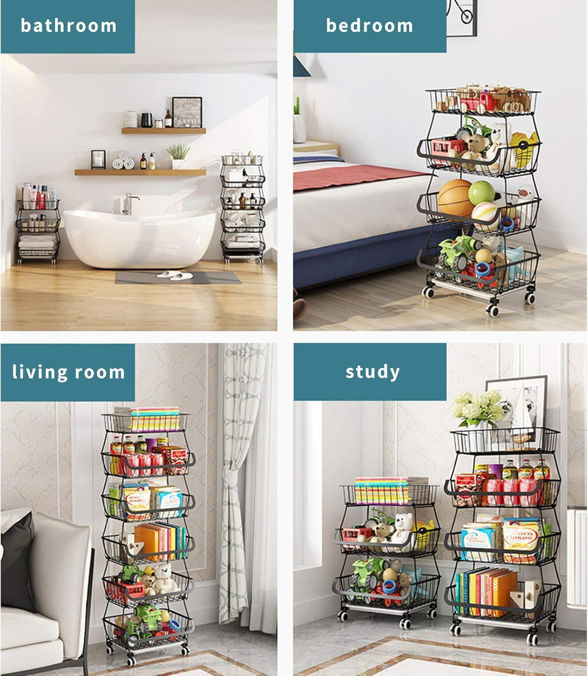 CarolynDesign Black Iron Wire Storage Bins with Wheels and Feet, Stackable Vegetable Storage Baskets (6-Tier)