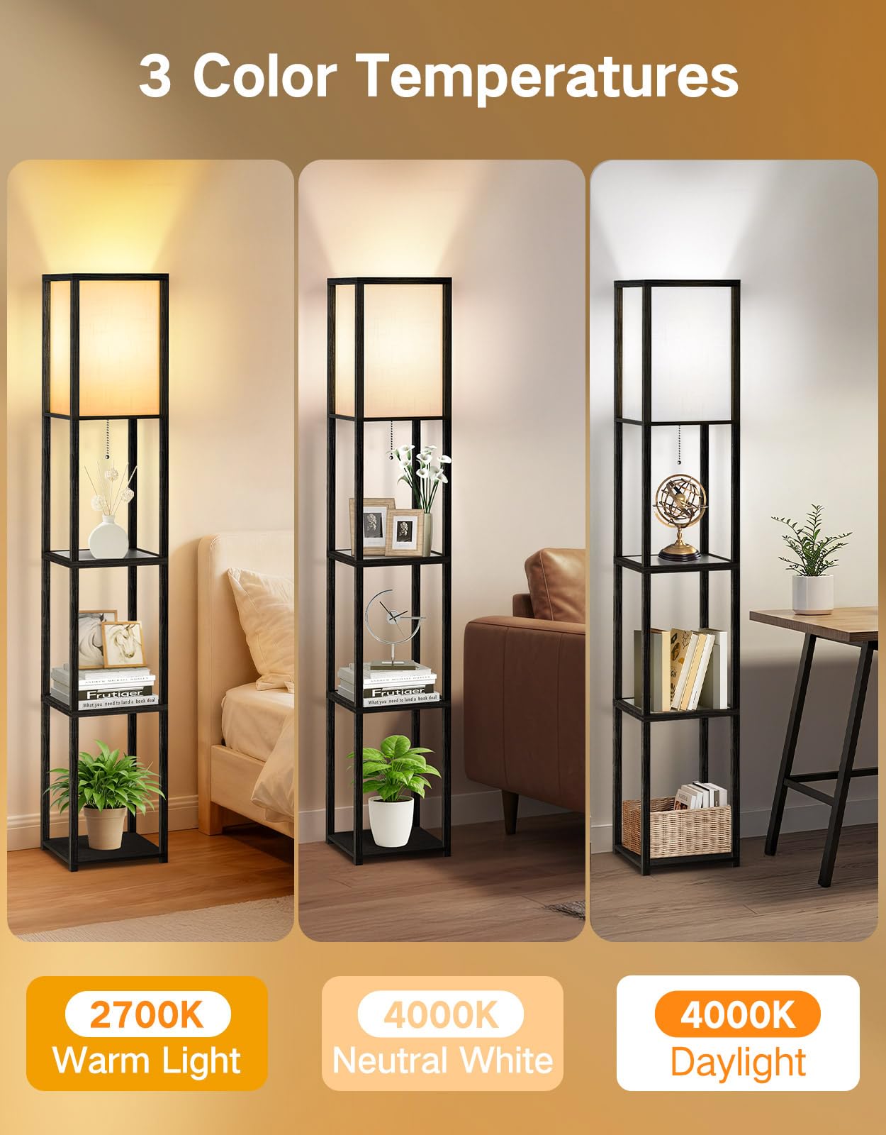 OUTON Floor Lamp with Glass Shelves, 12W LED Bulb, Large Storage Display Wood Shelf Lamp 3 Color Temperature, LED Tall Standing Modern Bookshelf Lamps for Living Room, Bedroom, Office, Black