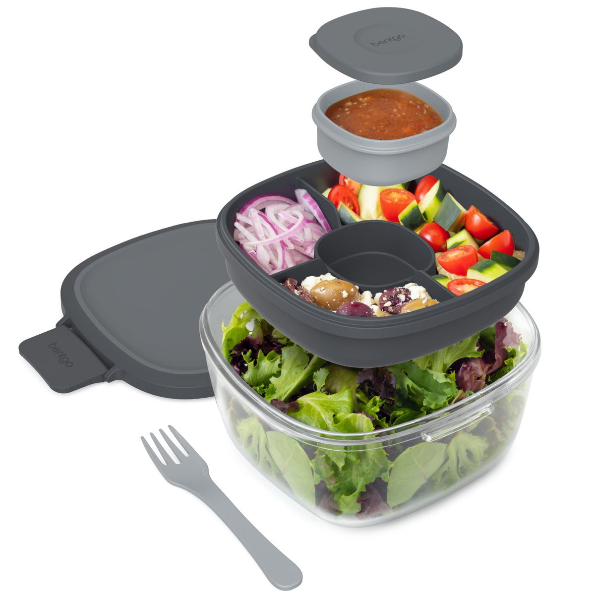 Bentgo Glass Salad Container - 7.6 Cup Salad Bowl with Airtight Lid, Leakproof Sauce Container, 4 Compartment Bento Tray and Reusable Fork - BPA Free for