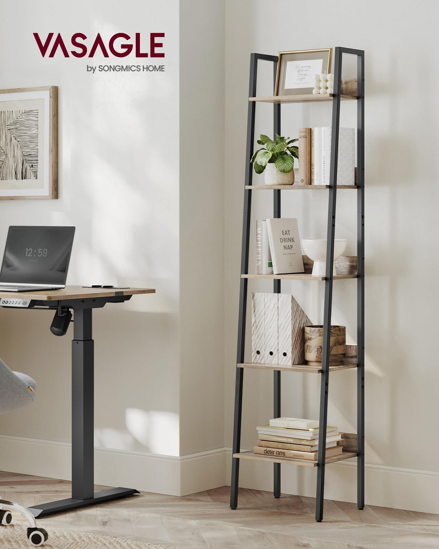 VASAGLE Bookshelf, 5-Tier Narrow Book Shelf, Ladder Shelf for Home Office, Living Room, Bedroom, Kitchen, Camel Brown and Black ULLS109B50V2