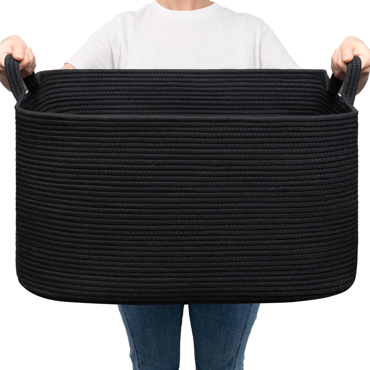 Goodpick Large Laundry Basket, Blanket Basket Living Room, Storage Baskets for Toys, Towels, Rectangle Rope Toy Storage Baskets for Baby, Kids, 21.6" x 14.9" x 11.8", Black