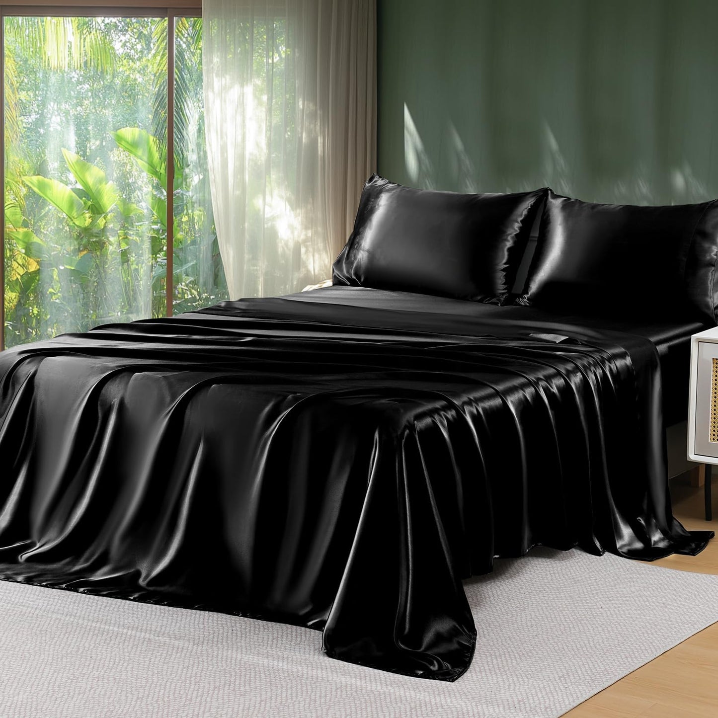 Sasttie Satin Sheets Queen - 4 Pieces Luxury Soft Black Silky Bed Sheets Set with Pillowcases - Smooth Silk-Like Drap Satin Fabric, Reinforced 14 Inches Pocket, Oeko-Tex Certified