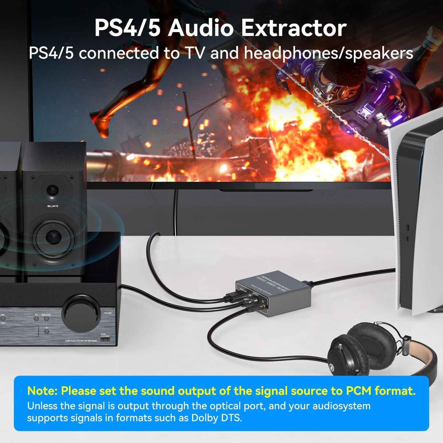 4K60Hz HDMI Audio Extractor Splitter Converter to Optical and 3.5mm AUX Adapter Supports 2.0 18Gpbs Bandwidth Digital DTS PCM HDR10