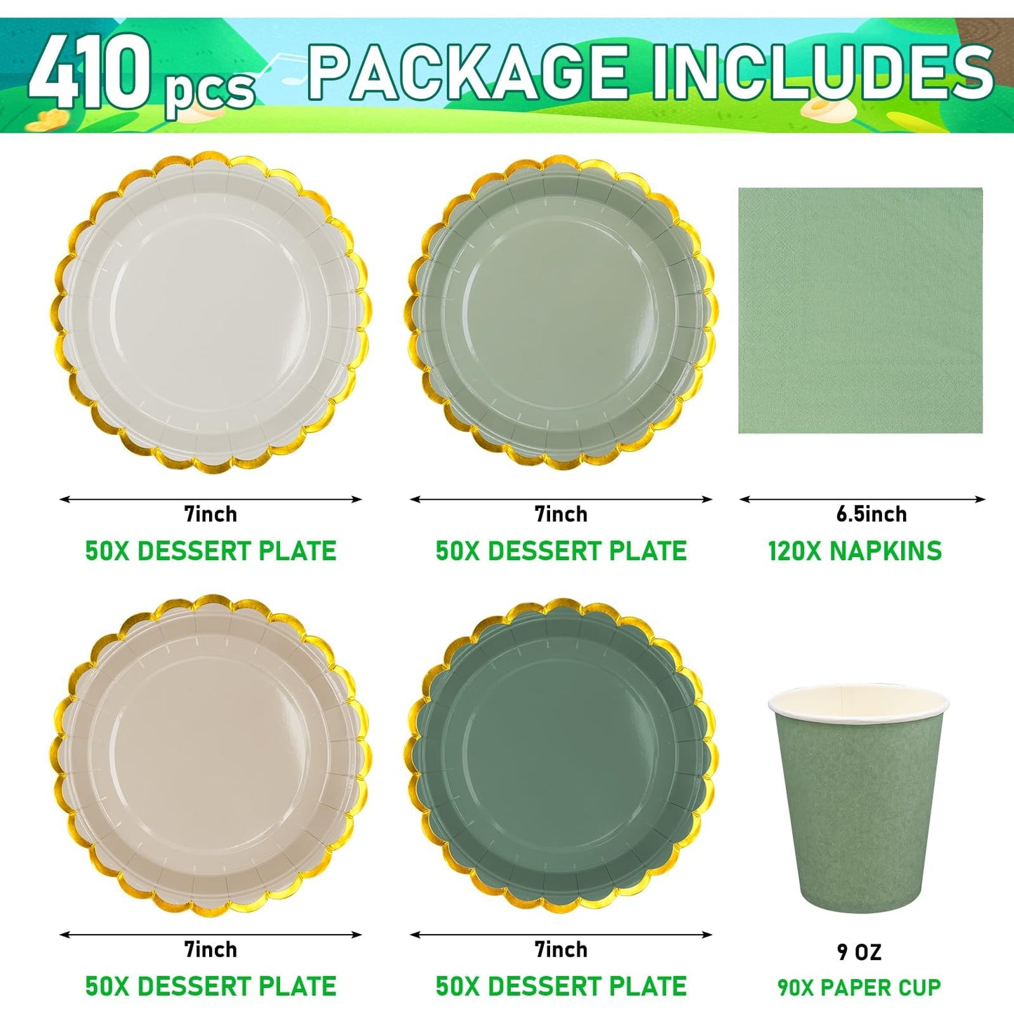 410PCS Sage Green Paper Plates and Napkins Party Supplies, Disposable Dinnerware Set Include 200 7 inch Gold Scalloped Edge Dessert Plates, 90 Cups, 120 Napkins for Bridal Baby Shower Birthday Wedding