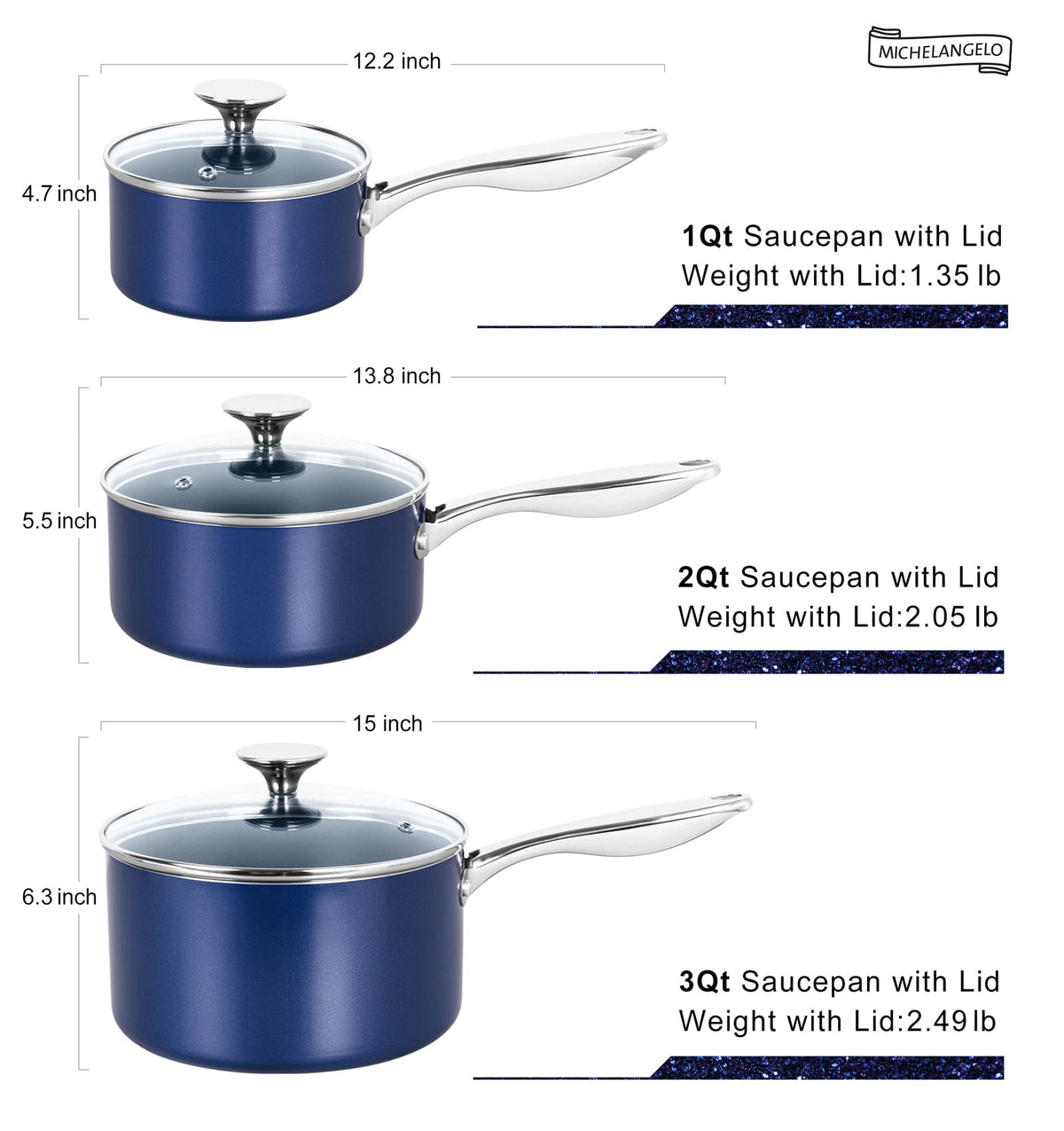 MICHELANGELO Sauce Pan Sets, Ceramic Saucepans with Lids, 1Qt & 2Qt & 3Qt Sauce Pans with Lid, Nonstick Saucepan Set, Small Pot with Stainless Steel Handle, Oven Safe, Blue
