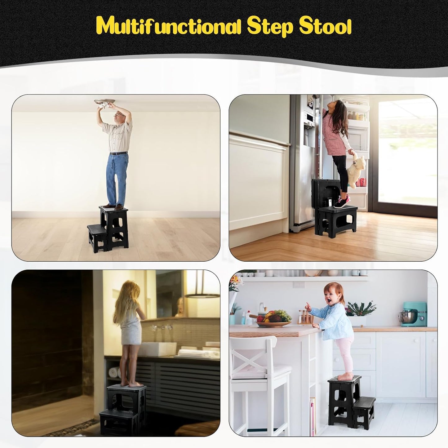 Ligebul 2-Step Stool Foldable, Plastic Steps Stool Folding Step Ladder Two Step Stools Collapsible Step Stools for Adults for Kitchen Home Bathroom RV-Black