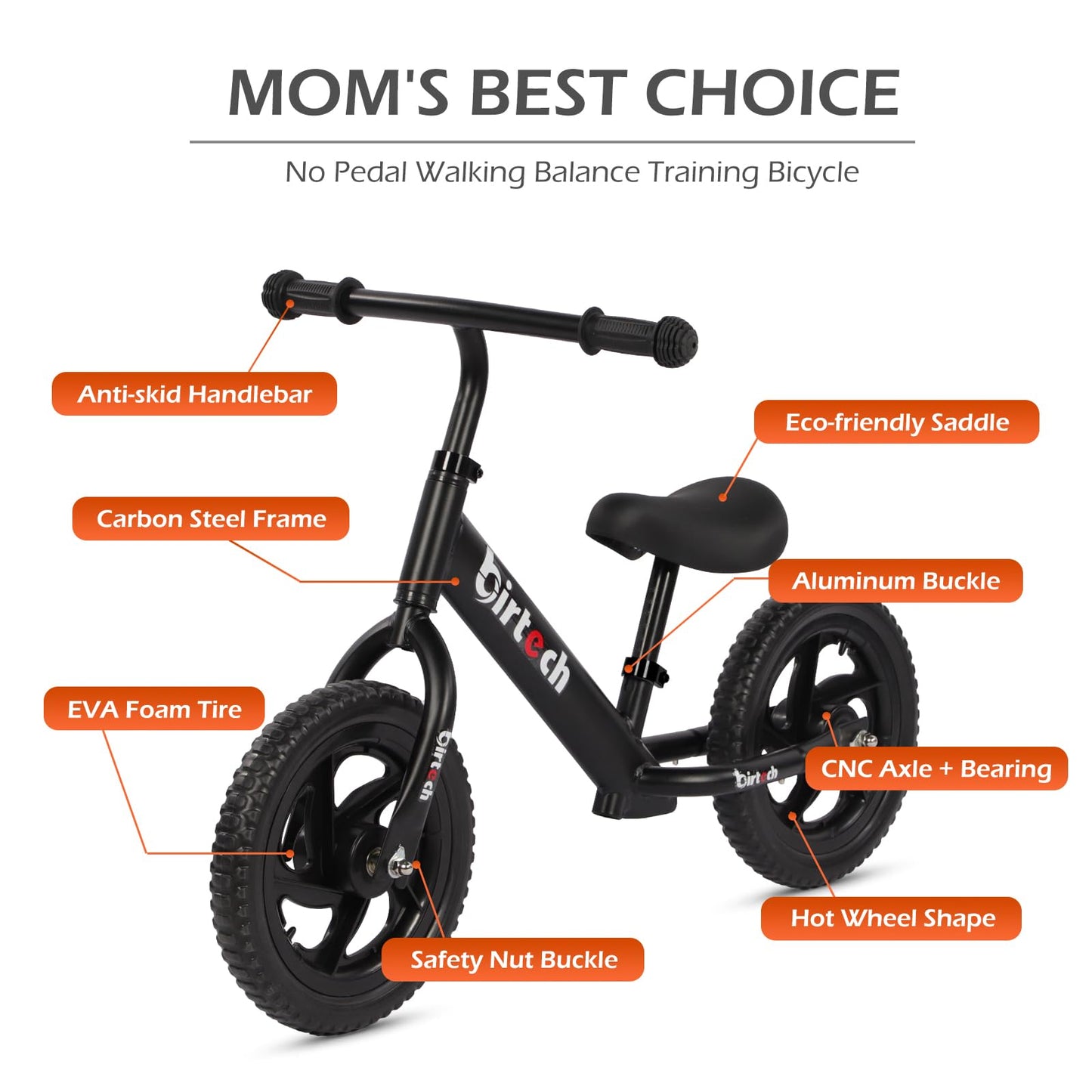 12" Balance Bike Carbon Steel Frame No Pedal Walking Balance Bike Training Bicycle for Kids and Toddlers 2- to 5 Years Old (Black)