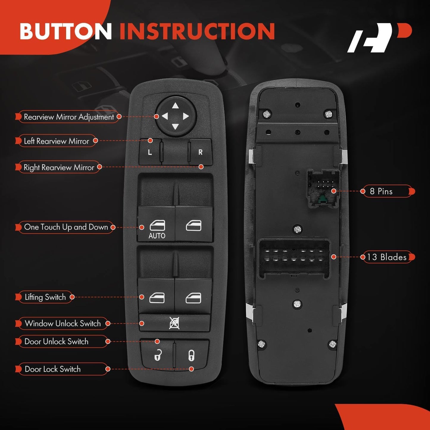 A-Premium Master Power Window Switch Compatible with Dodge Journey 2011-2016, 8+13 Pins, With Driver Auto Up/Down, Front Left Driver Side