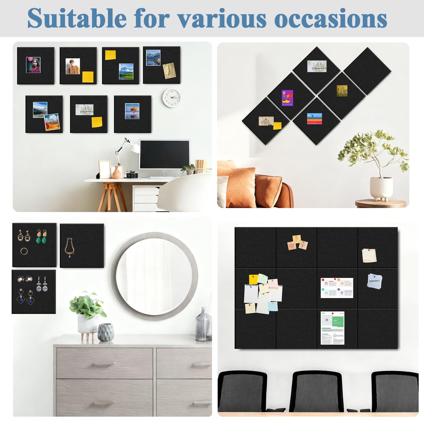 Large Cork Board for Walls, 12 Packs Black Felt Wall Tiles with 35 Pushpins, 48" X 36" Large Bulletin Board, Removable Cork Board Alternative for Home School Office Wall Decor (Black, Square-12pcs)