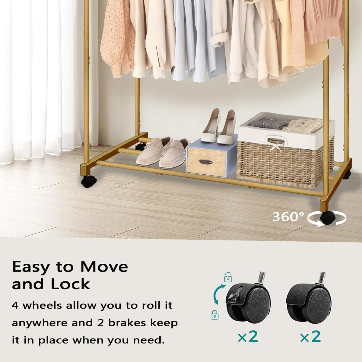 AT-VALY Double Rods Clothes Rack, Sturdy Metal Garment Rack with Wheels, Portable Wardrobe Rack with Bottom Shelf & Side Hooks, Heavy Duty Coat Hanger Stand for Bedroom, Laundry, Living Room,Gold