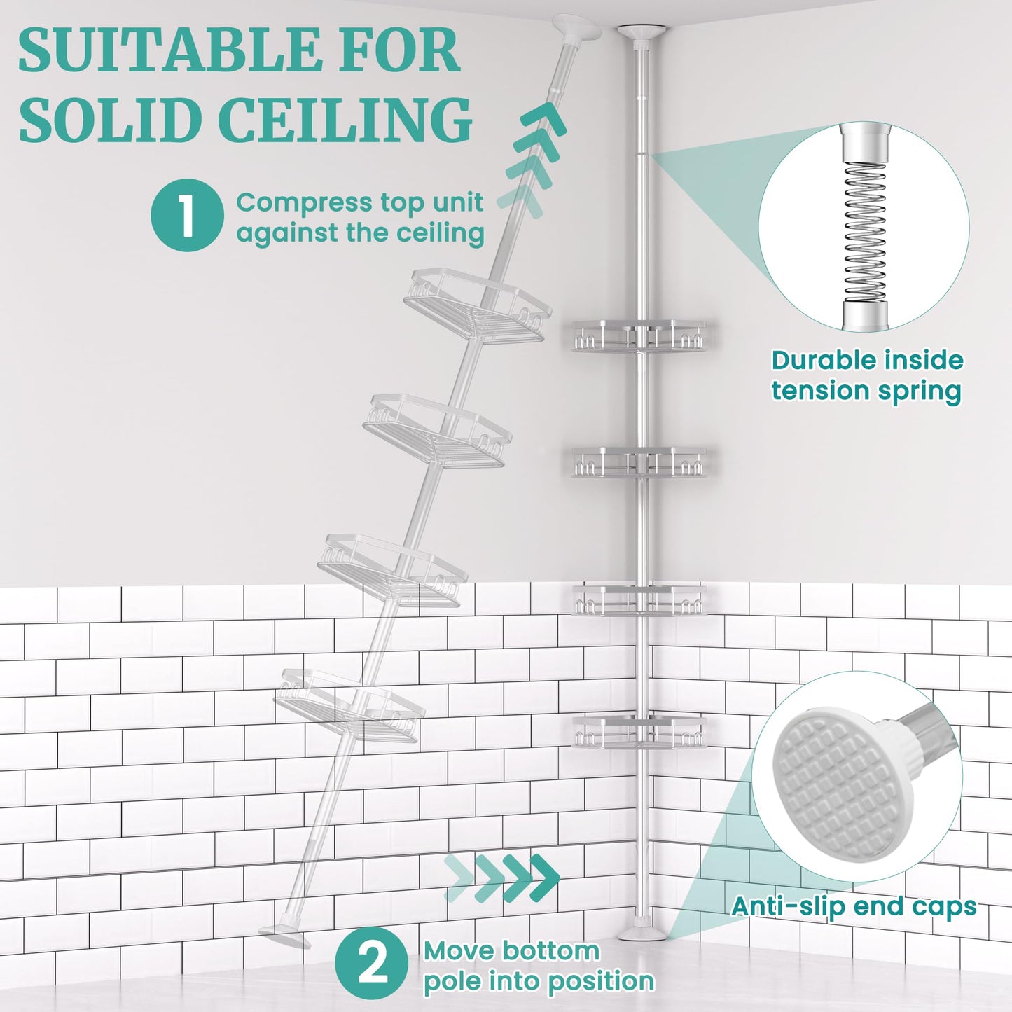 Shower Caddy Corner Tension Pole Stainless Organizer for Bathroom, Rustproof 4 Large Shelves and 2 Small Basket for Bathtub Shampoo Accessories Storage, 23.6 to 114.5 Inch Height Adjustable (Silver)