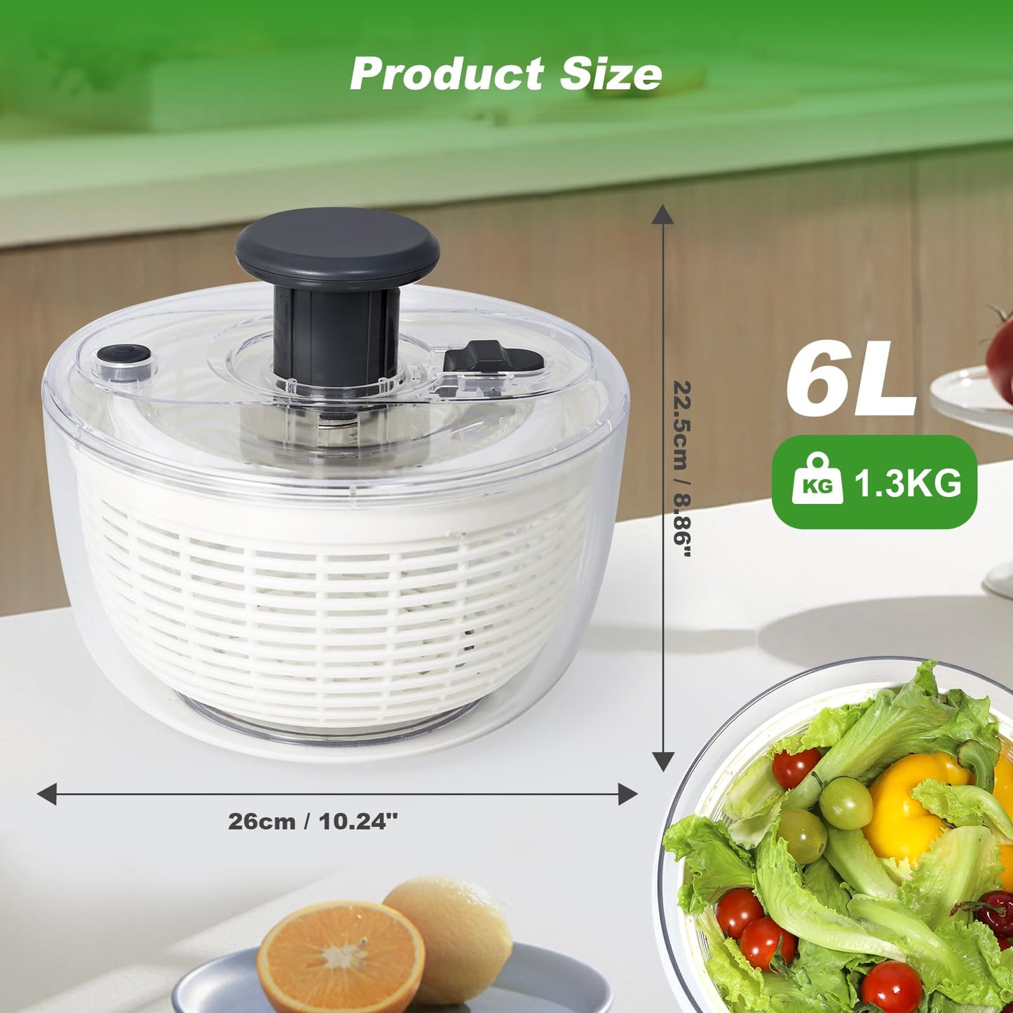 Salad Spinner - 6 Litre Non-Slip Vegetable & Fruit Washer/Dryer for Households, Easy-Clean Kitchen Gadget for Greens, Herbs & Vegetables