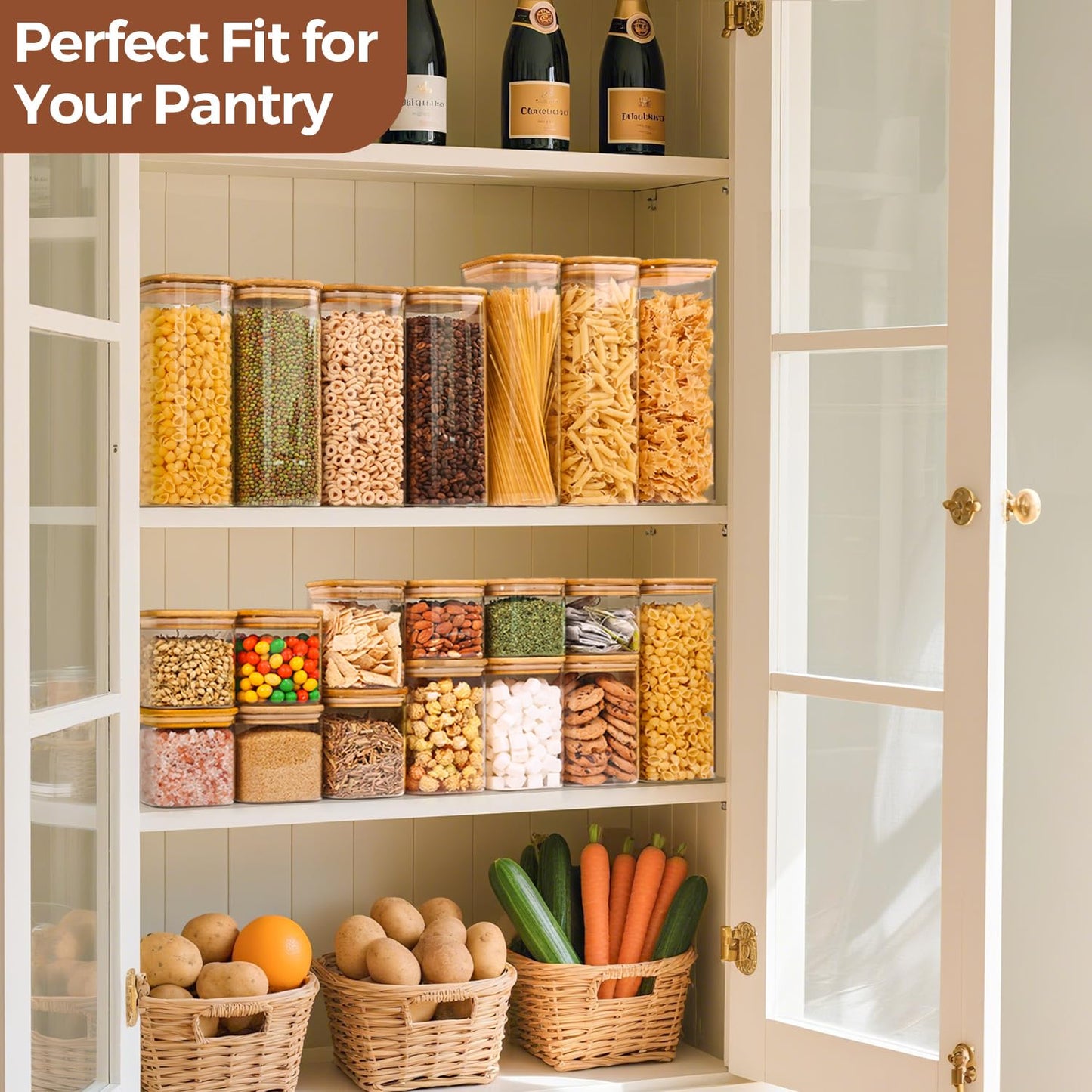 ComSaf Airtight Glass Storage Canister with Bamboo Lid (650ML/1.1L/1.5L) Set of 6, Clear Food Storage Container Kitchen Pantry Storage Jar for Flour Cereal Sugar Tea Coffee Beans Snacks, Square