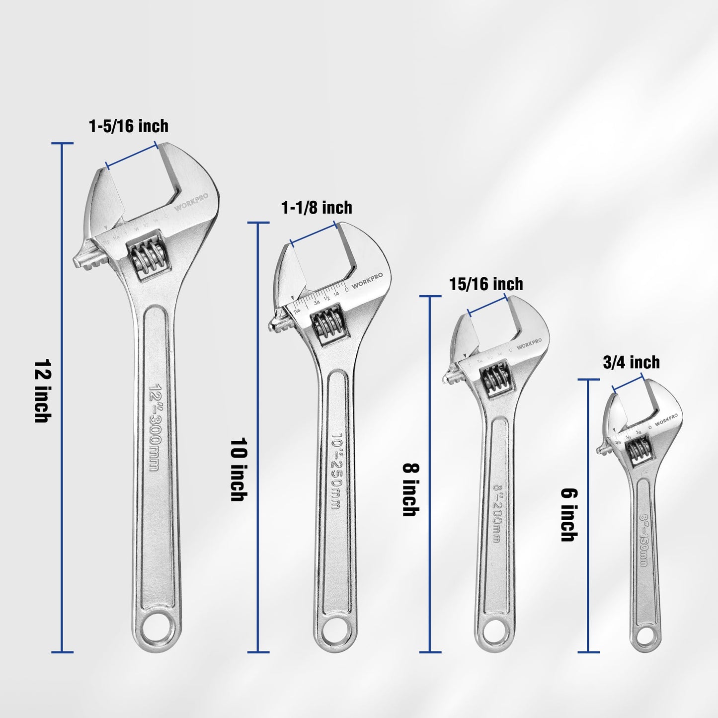 WORKPRO 4-Piece Adjustable Wrench Set, Forged, Heat Treated, Chrome-Plated (6-inch, 8-inch, 10-inch, 12-inch)