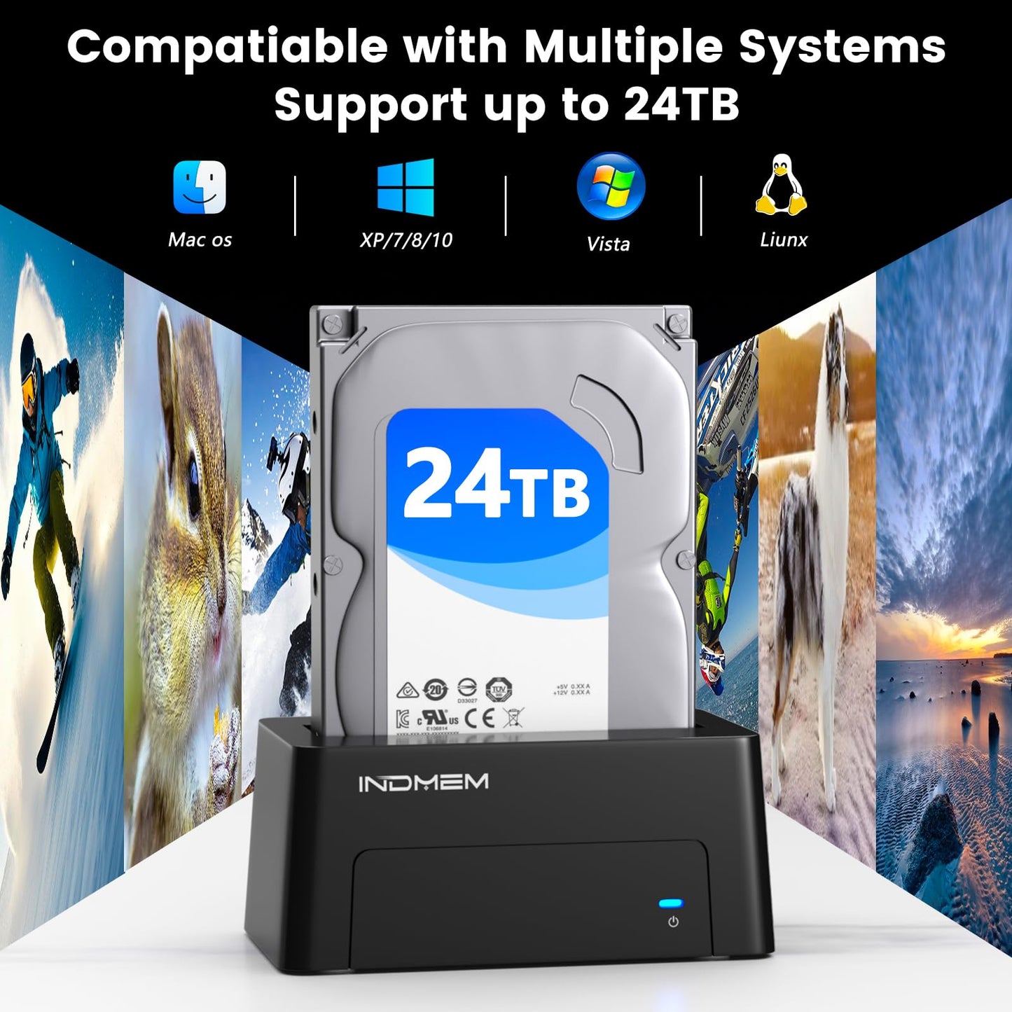 INDMEM Upgraded SAS to USB 3.0 Adapter, SAS/SATA Hard Drive Enclosure Reader Converter Docking Station for 2.5/3.5 inch Server HDD SSD with 12V/2A Power Adapter,Support up to 24TB