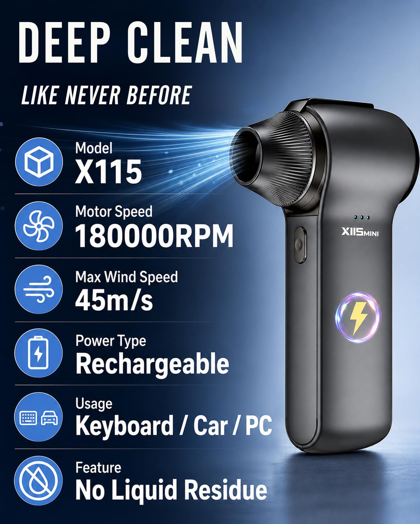 Compressed Air Duster 180000RPM – Super Power Cordless Electric Air Duster with 3-Speed Turbo Fan, Rechargeable Air Blower for Computer, Keyboard, Car, Camera & Home Cleaning