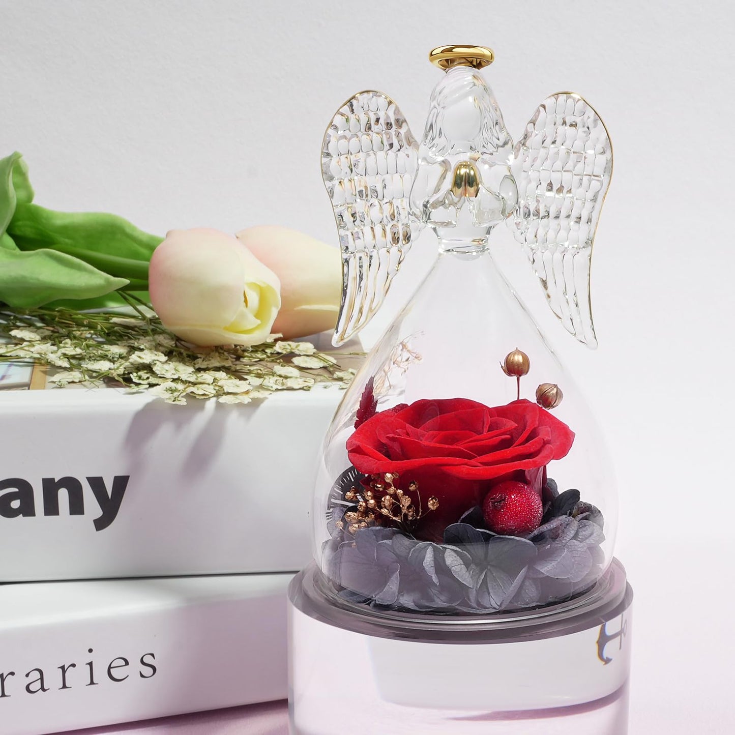 Miofula Preserved Flowers Rose Birthday Gifts for Women, Angel Figurines with Forever Real Rose Gifts for Mom Her Grandma,Unique Angels Gifts for Mothers Day Christmas Valentines Day Anniversary (Red)
