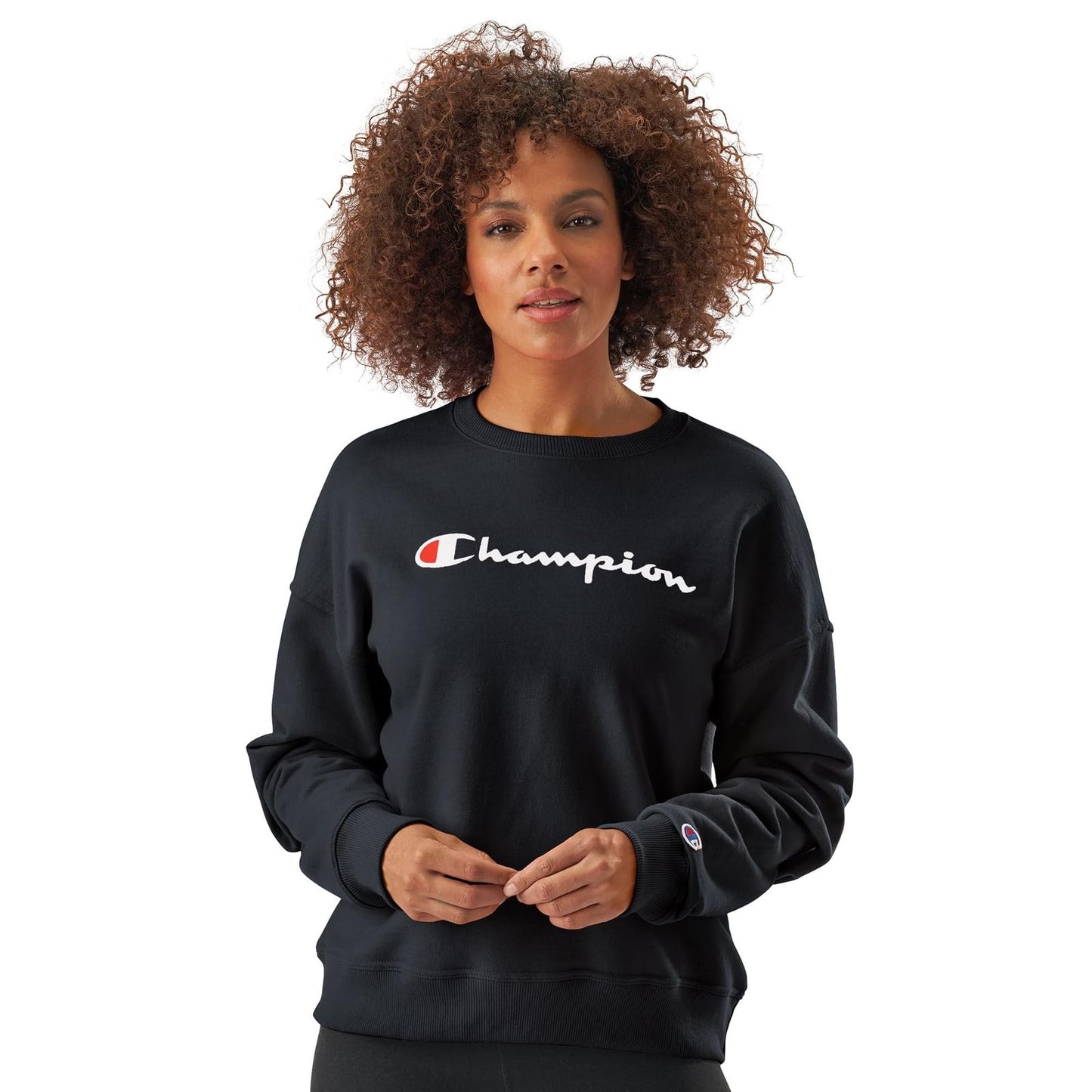 Champion Women's Sweatshirt, Powerblend, Crewneck for Women, Script (Plus, Black Script, Small