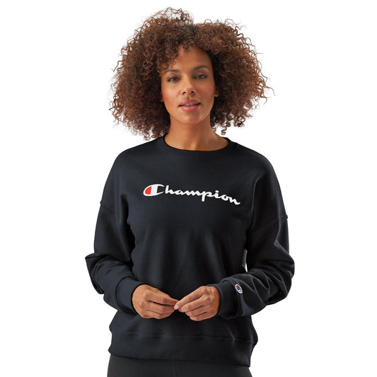 Champion Women's Sweatshirt, Powerblend, Crewneck for Women, Script (Plus, Black Script, Small