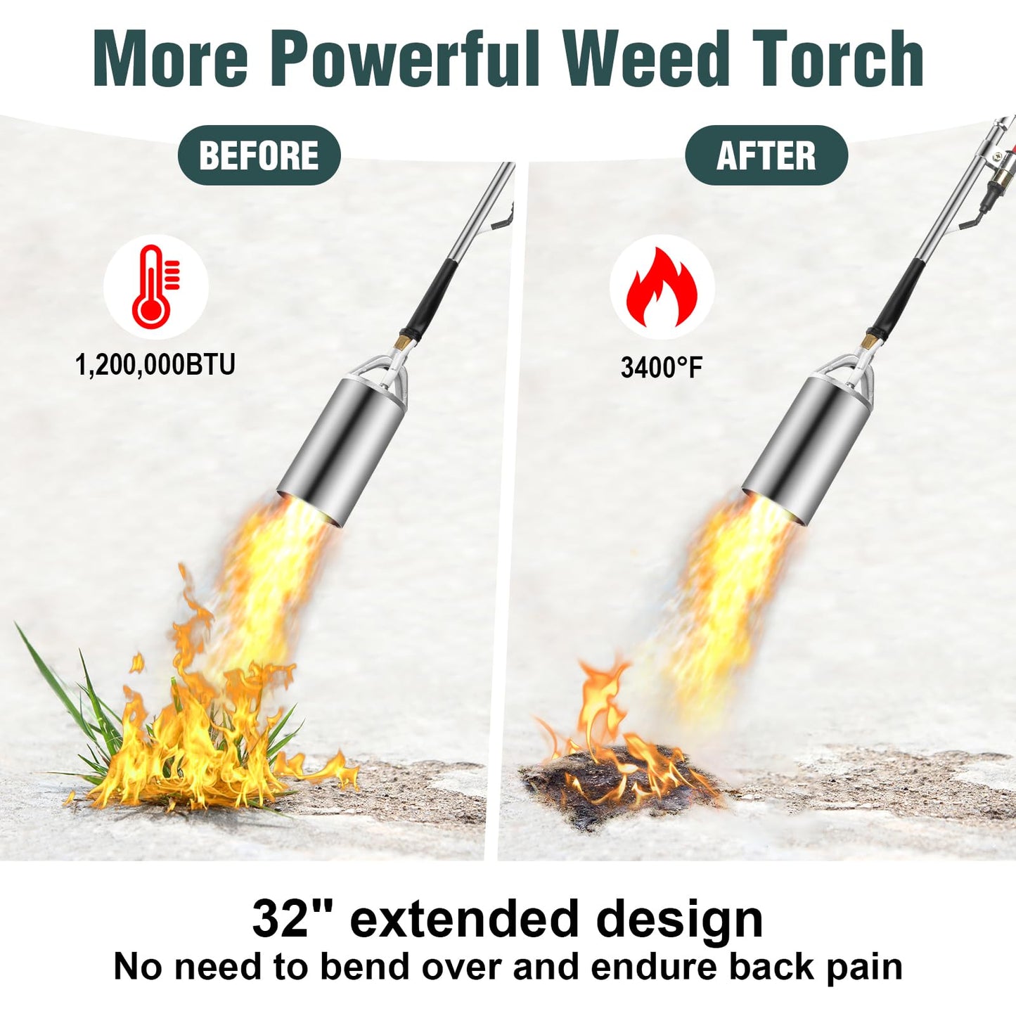 Propane Weed Torch, WADEO Weed Burner Torch Kit with 10 FT Hose Regulator, Weed Torch with 1,200,000 BTU, Self Igniting and 1lb Propane Cylinder Converter for Flame Weeding, Roofing, Melting Ice Snow