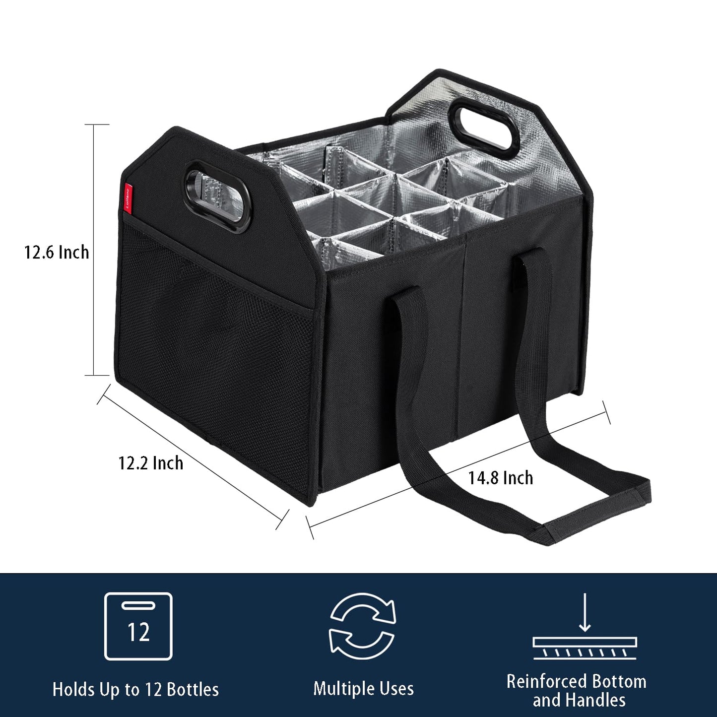 LUILANC Collapsible 12 Bottle Wine Carrier - Reusable Portable Storage Box for Tote Bag, Moving, Vacation, Bottle Caddy, Grocery Shopping, Wine Tasting (Black)