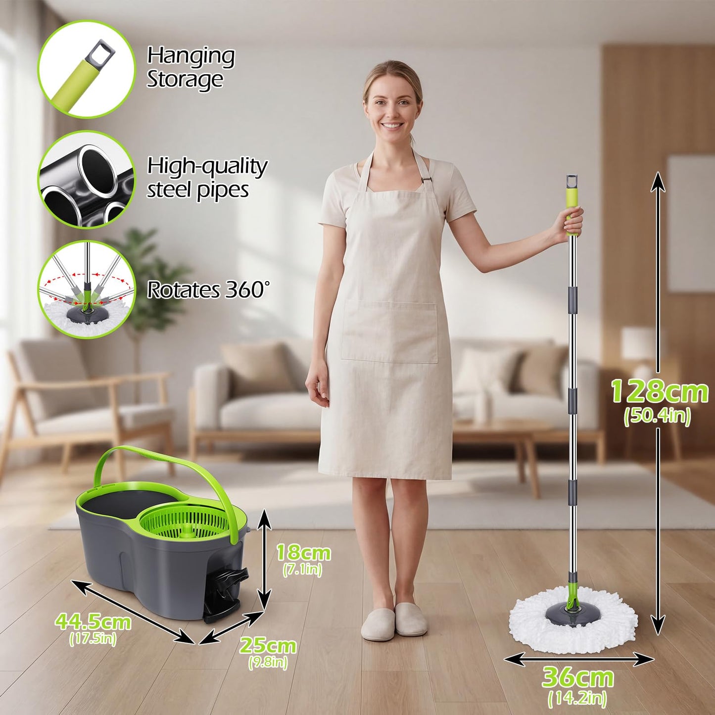 Almcmy Spin Mop and Bucket Set, Mop Bucket with Foot Pedal Wringer System, 3 Reusable Mop Refills, 130cm Long Handle, Easy Wring Magic Mop Floor Cleaning System, Green