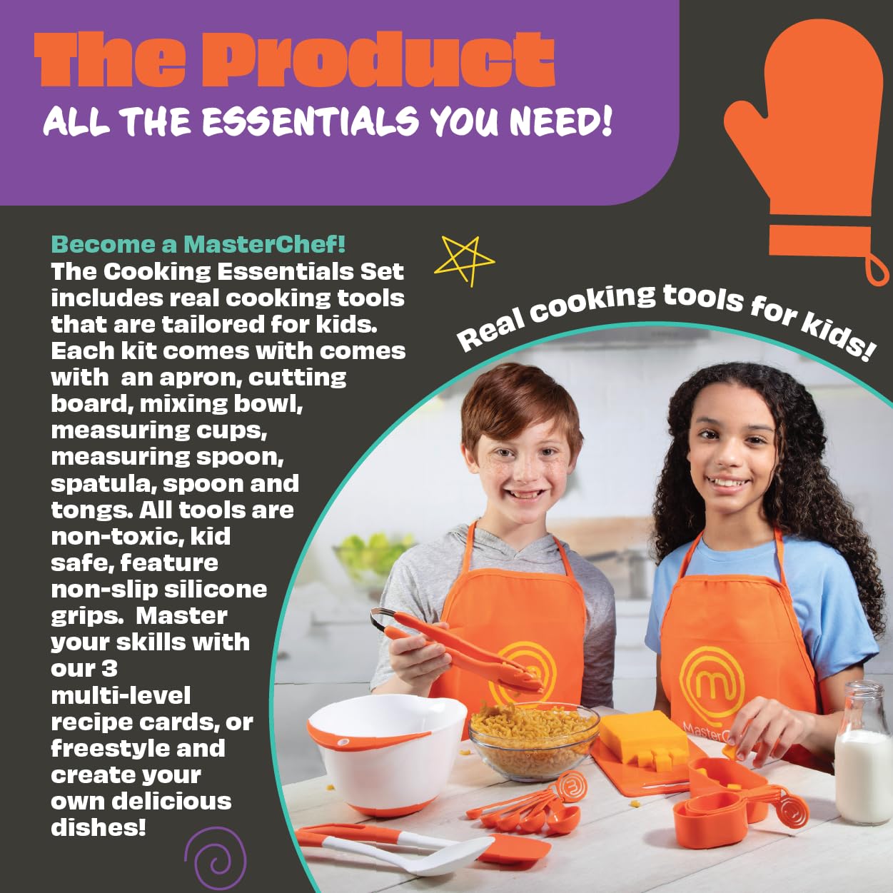 MasterChef Junior Cooking Essentials Set - 9 Pc. Kit Includes Recipes, Apron, Cutting Board, Mixing Bowl, Measure Cups, Spoons, Homemade
