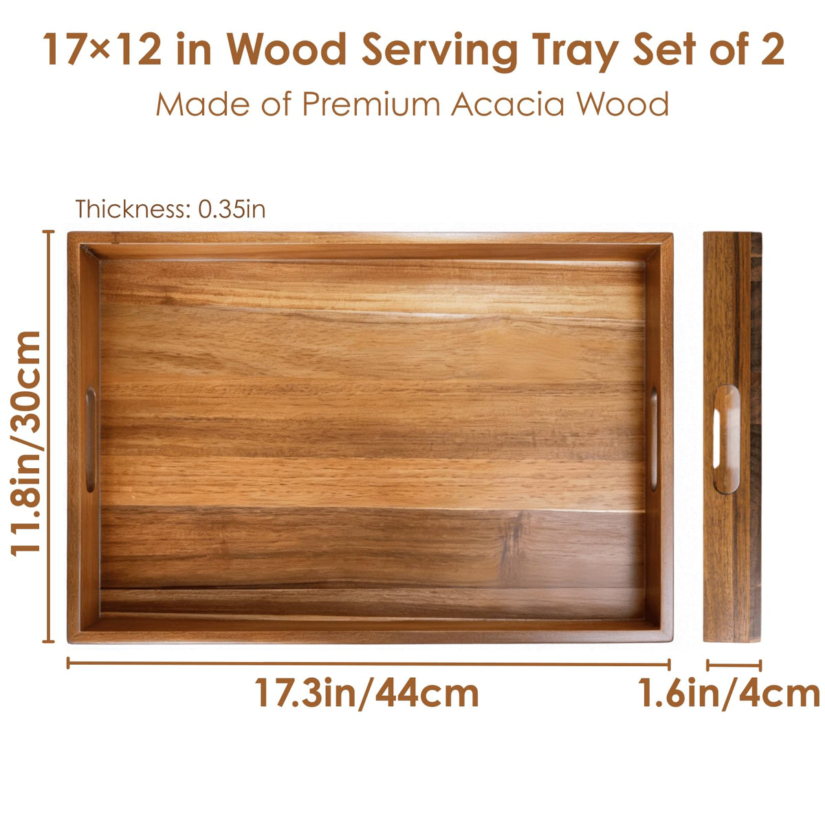 YOUEON 2 Pack 44x30cm Acacia Wood Serving Tray with Handles, Large Wooden Tray for Ottoman, Breakfast in Bed, Dinner, Coffee Table, Perfect for Living Room, Bedroom