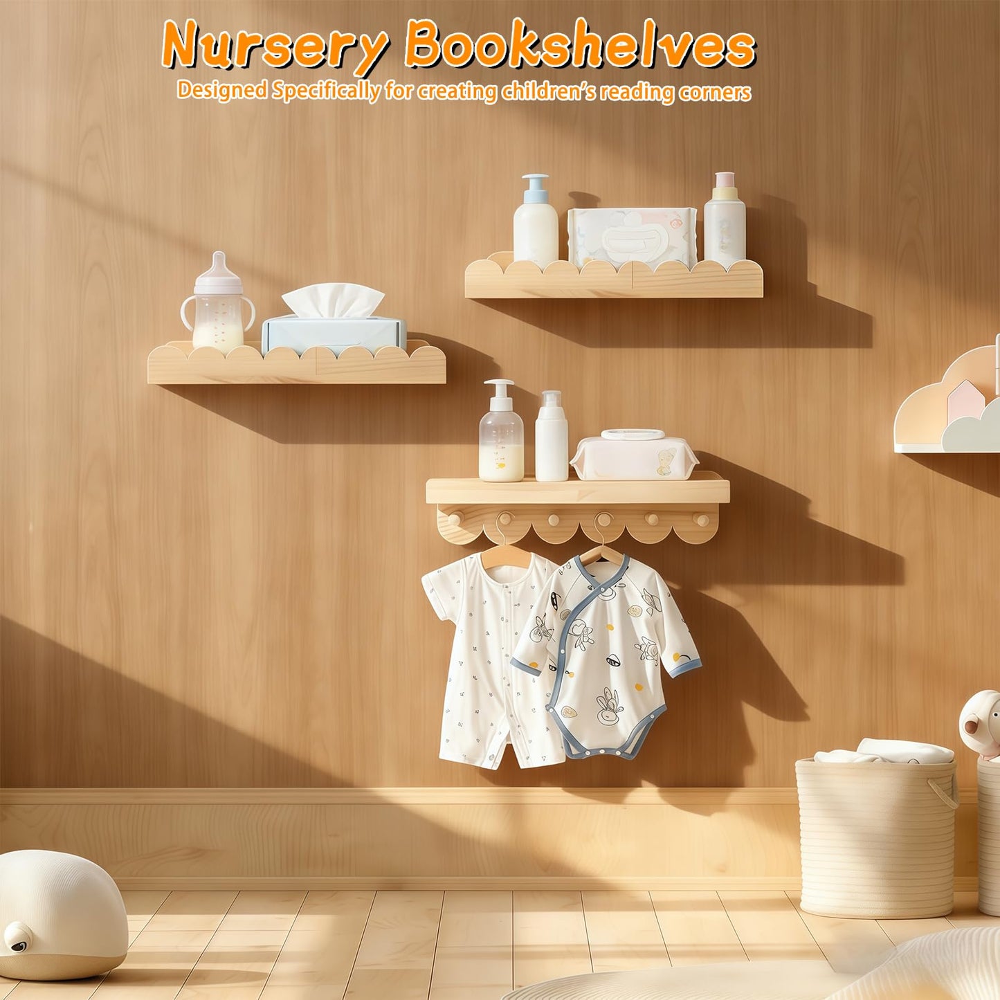 Nursery Book Shelves, 3PCS Wooden Scalloped Shelves with Round Hooks, Floating Shelves Wall Mounted Organizer for Bedroom, Living Room Decor