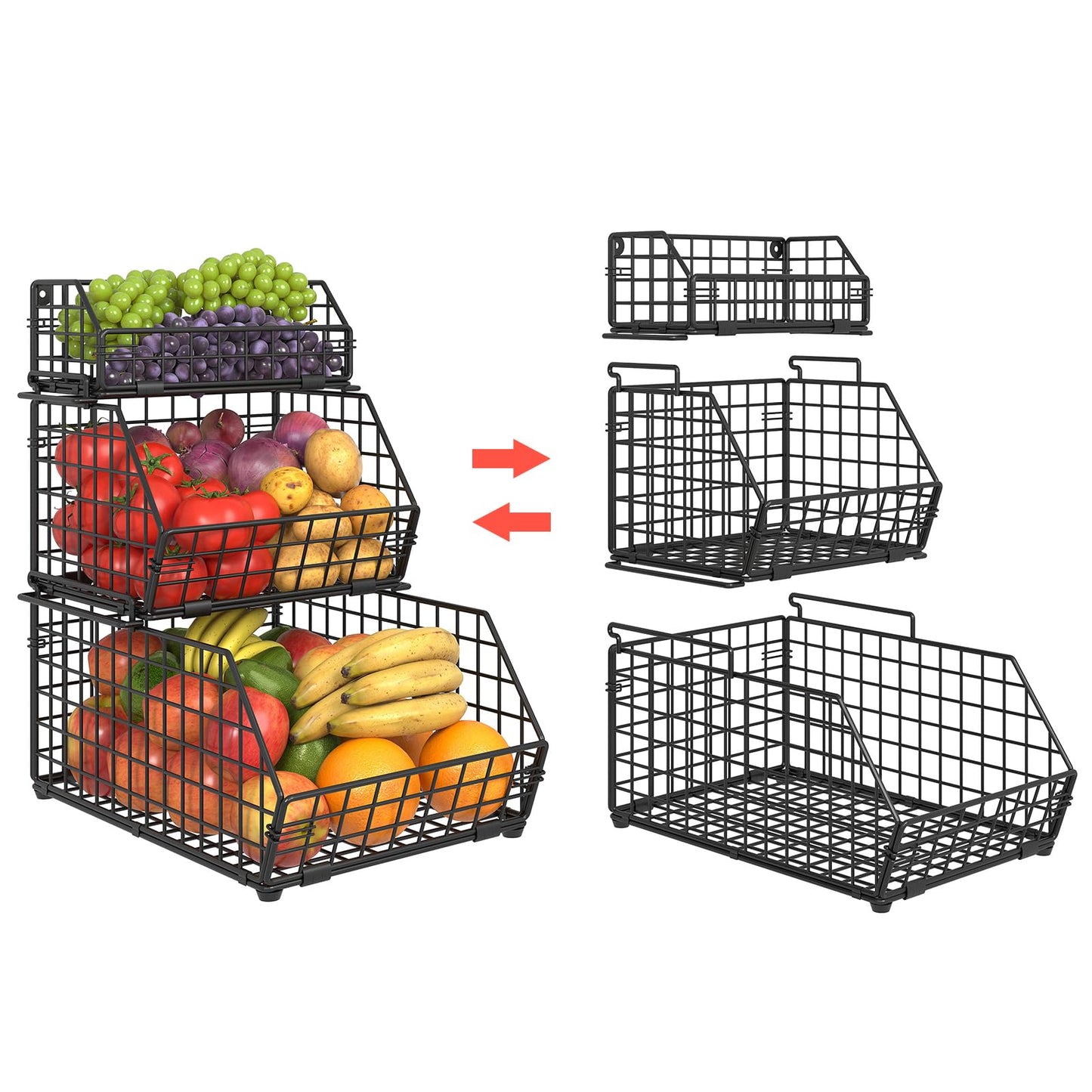 3-Tier Fruit Basket for Kitchen Counter, Stackable Wire Baskets Wall, Potato and Onion Storage Bins, Pantry Organizers, Pantry Storge and Storage for Potato, Onion, Produce, Fruit, Vegetable, Snack