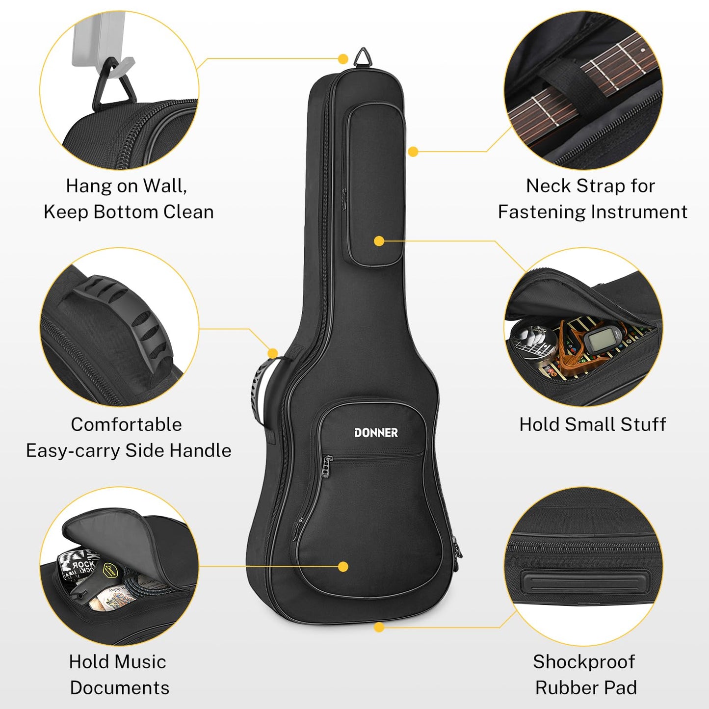 Donner 39 inch Electric Guitar Gig Bag, 0.4in Padded Sponge 600D Ripstop Waterproof Nylon Dustproof Soft Case for Home Storage Travel Carrying Backpack 3 Pockets Adjustable Strap Black