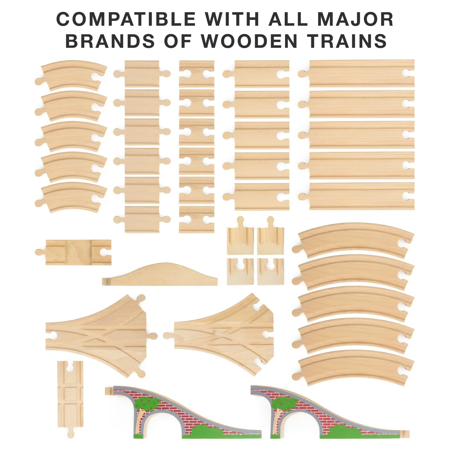 Conductor Carl 42-Piece Bulk Value Wooden Train Track Booster Pack with Red Brick Bridge - Compatible with All Major Toy Train Brands