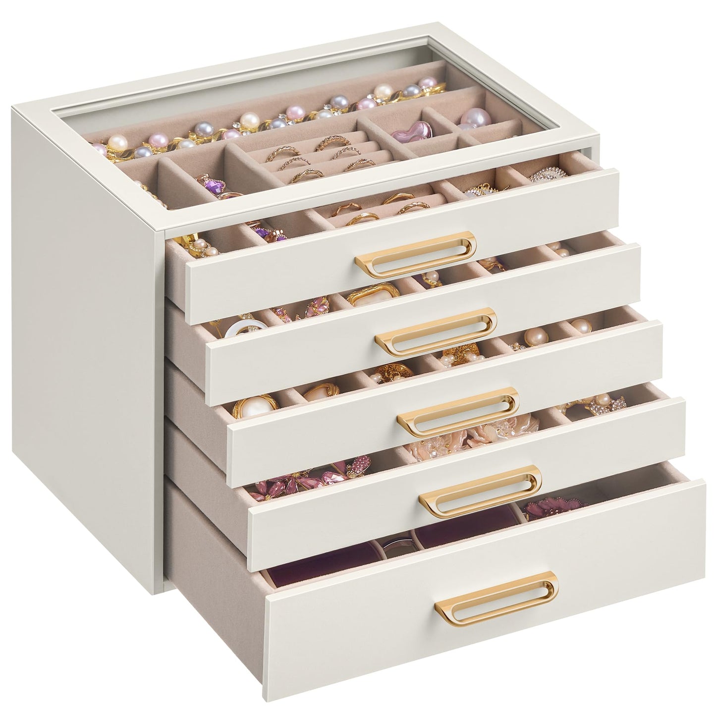 SONGMICS 5-Layer Jewelry Box with Glass Window, Jewelry Storage Organizer with 5 Drawers, Golden Handles, for Rings, Earrings, Bracelets, Gift Idea, Cream White, 6.8 x 9.4 x 7.2 Inches UJBC205WD01S