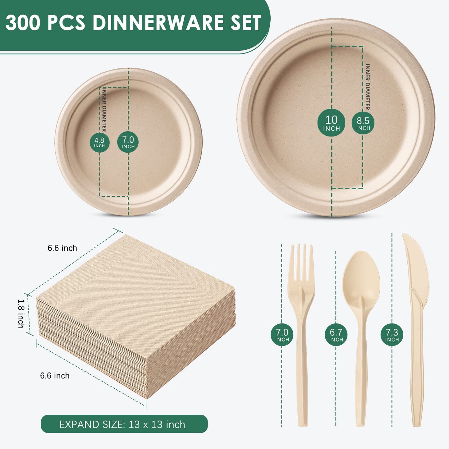 Gezond Compostable Paper Plates Set 300 Pieces Disposable Plates 10-inch Eco-Friendly Paper Plates Heavy-Duty Utensils and Napkins for Party, Made from Sugarcane Pulp