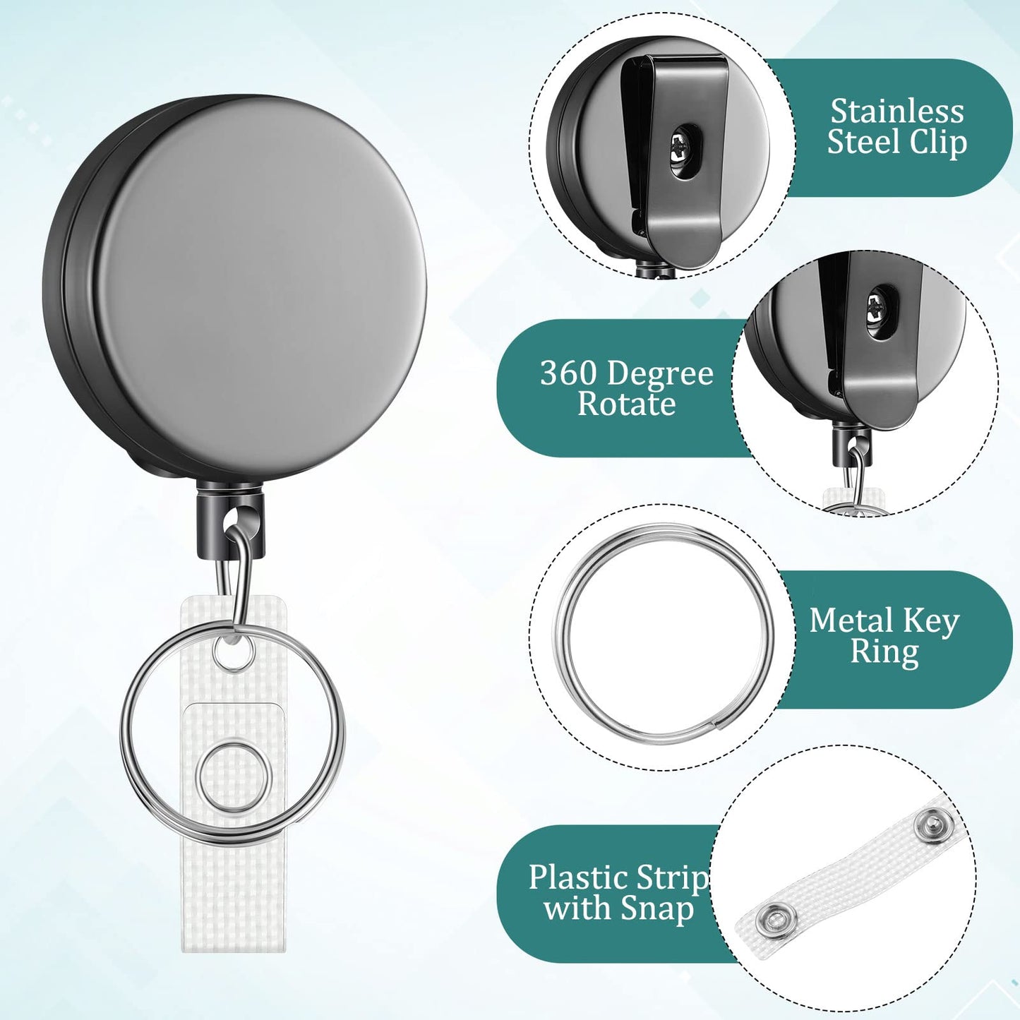 Leelosp Heavy Duty Retractable Badge Holder Reel Metal ID Badge Holder with Belt Clip Keyring Retractable Clip Bulk Card for Work Employee Doctor Nurse Gifts(Glossy Grey)