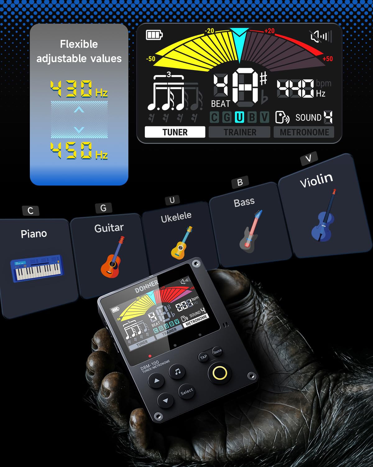 Donner Metronome Tuner for Guitar, Bass, Violin, Ukulele, Piano, Flute, Saxophone, All Instruments, Portable Digital Metronome with Trainer Rhythm Mode, Black, DBM-100