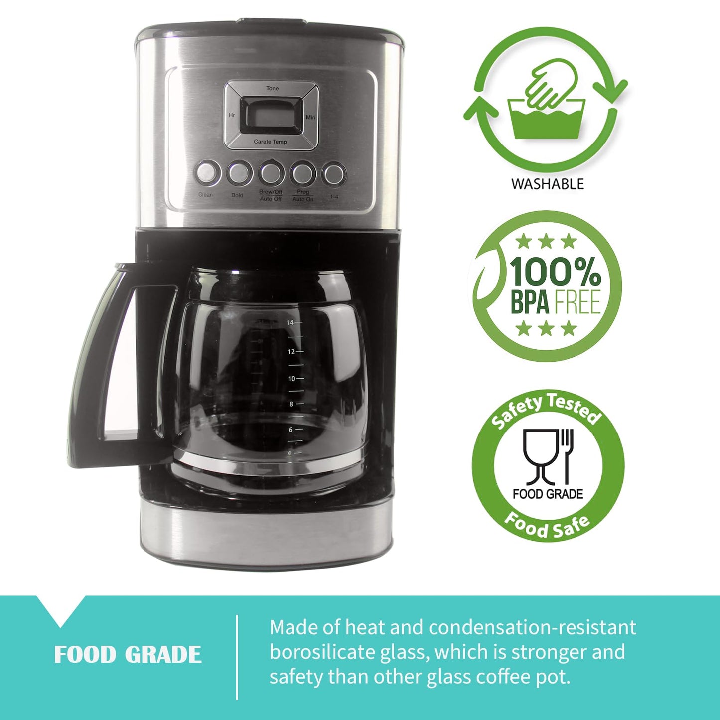 14-Cup Glass Replacement Coffee Carafe Compatible with Cuisinart Coffee Maker Models DCC-2200, DCC-2600, DCC-2800, DCC-3200, and DCC-3200P1, Coffee Pot Decanter Pitcher, Black Handle