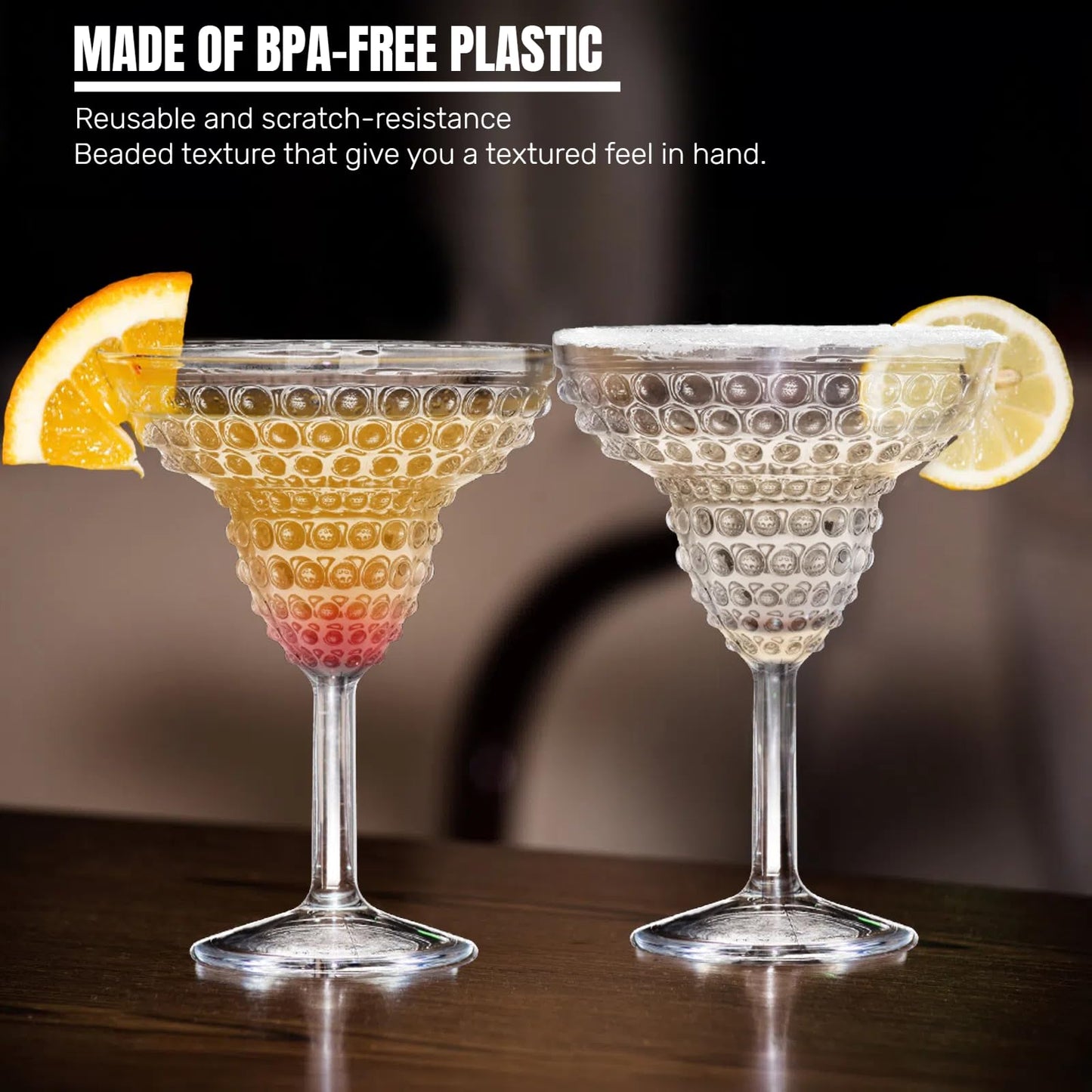 ZOOFOX 6 Pack Plastic Margarita Glasses, 11oz Stemmed Cocktail Glasses, Reusable Shatterproof Margarita Glasses, Unique Bar Glasses for Martini, Frozen Daiquiri, Tropical Summer Parties