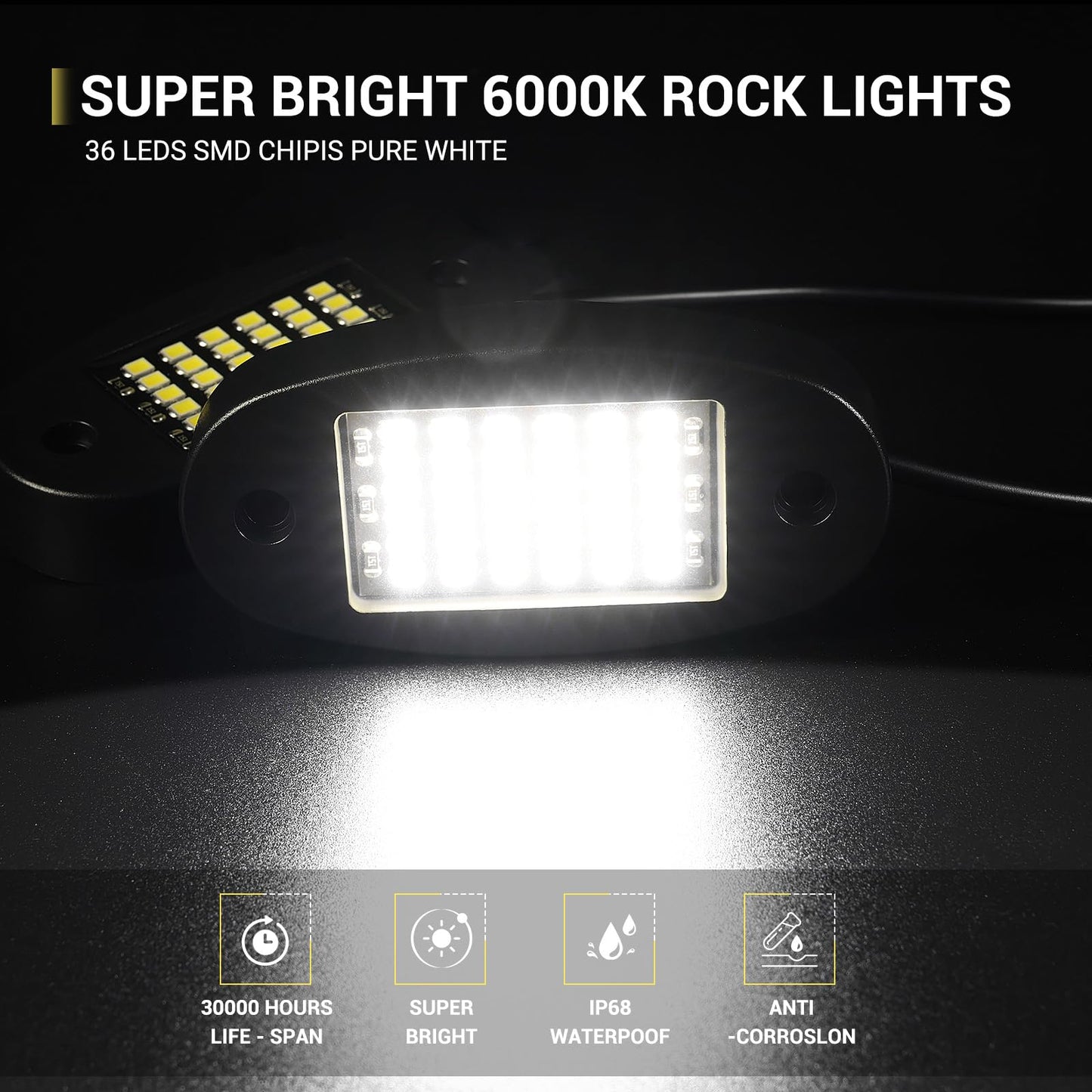 Hovano 12 Pods White Rock Lights 6000K Pure White 36 LEDs SMD Chips Super Bright Neon Underglow Light IP68 Waterproof for Pickup Trucks SUV UTV ATV RZR Car Boats (White)