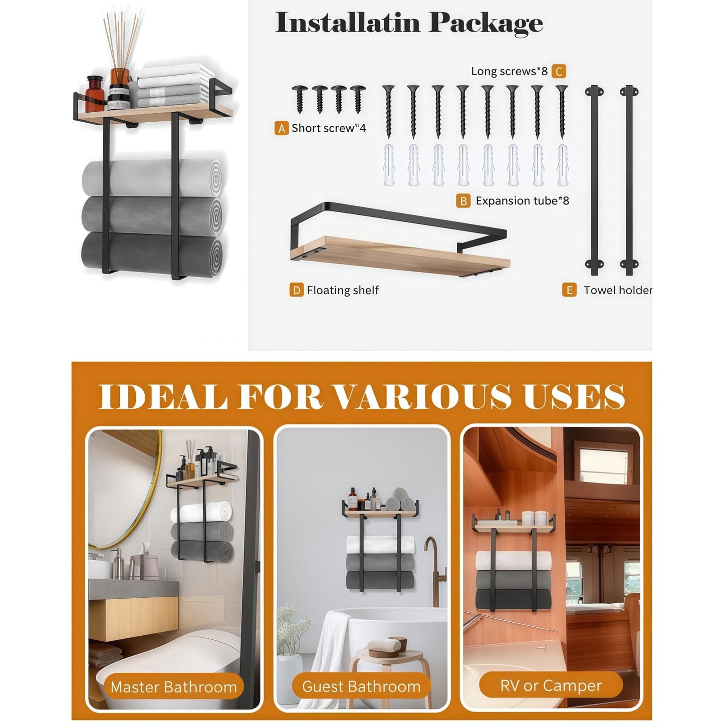 Bathroom Wall Mounted Towel Rack - Metal Towel Holder with Wooden Shelf, Easy to Install, Fits Large Folded Towels, Towel Storage Organizer for Small Bathroom & RV Camping Decor