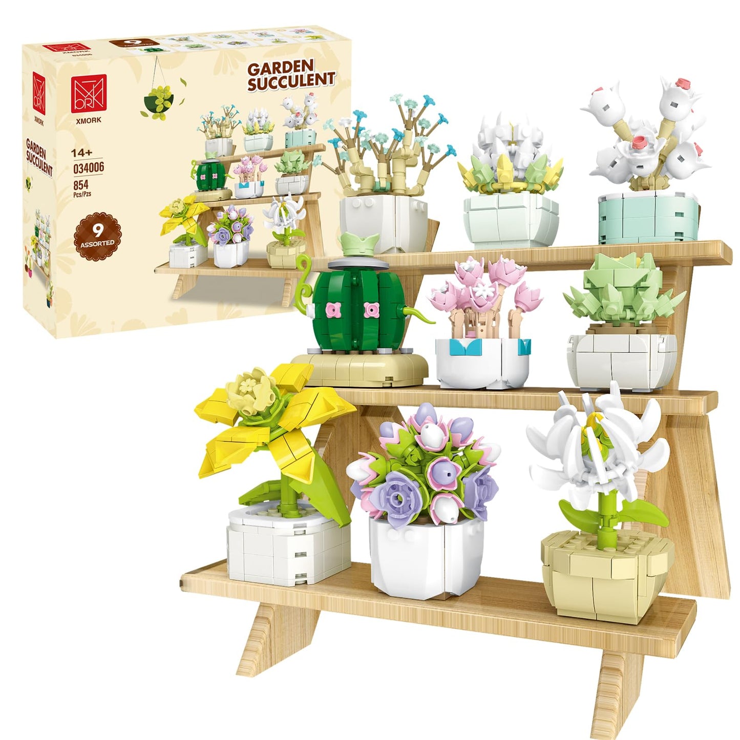 XMORK Succulent Plant Building Blocks Set, 9 Tiny Plants Kit with Display Frame for Botanical Collection and Decor, Succulents Bonsai Toy for Teens and Adults, 854 PCS