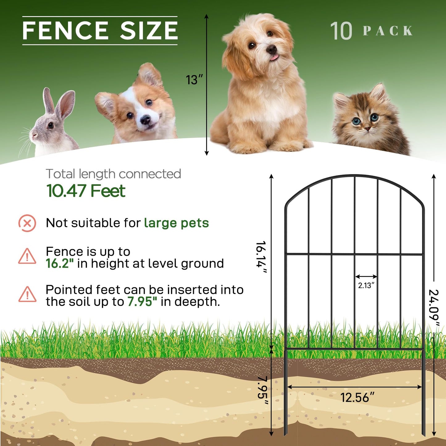 Goovilla Garden Fence Panels, 10 Pcs 12in W x 24in H Metal Rustproof Animal Barrier, Black Decorative Garden Fences and Borders for Dogs, Flower Bed, Patio